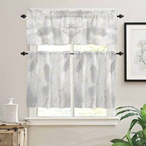 OneHoney Marble Texture Kitchen Curtains Tiers and Valances Set 3 Piece for Windows, Modern White Granite with Gold Lines Rod Pocket Small Window Panels for Living Room Bedroom Bathroom Cafe