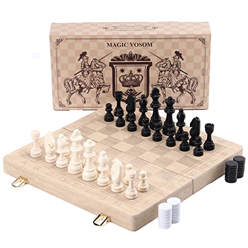 Magic Vosom Chess & Checkers Set, 2 In1 Folding Board, Purely Handmade Portable Travel Chess Board Game Sets with Game Pieces Storage Slots, Beginner Chess Set for Kids and Adults