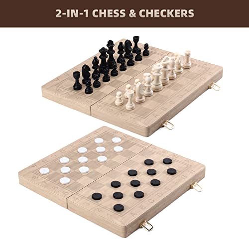 Magic Vosom Chess & Checkers Set, 2 In1 Folding Board, Purely Handmade Portable Travel Chess Board Game Sets with Game Pieces Storage Slots, Beginner Chess Set for Kids and Adults