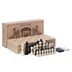 Magic Vosom Chess & Checkers Set, 2 In1 Folding Board, Purely Handmade Portable Travel Chess Board Game Sets with Game Pieces Storage Slots, Beginner Chess Set for Kids and Adults