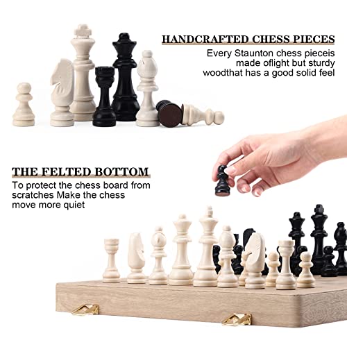 Magic Vosom Chess & Checkers Set, 2 In1 Folding Board, Purely Handmade Portable Travel Chess Board Game Sets with Game Pieces Storage Slots, Beginner Chess Set for Kids and Adults