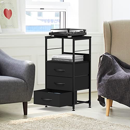 Black Nightstand with Drawer, Bedroom End Table Tall Night Stand for Living Room Side Table with 3 Fabric Drawers Modern Bedside Table with Storage Shelf for Office, Study