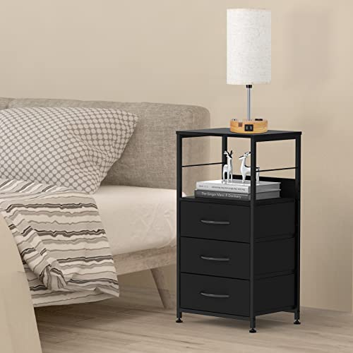 Black Nightstand with Drawer, Bedroom End Table Tall Night Stand for Living Room Side Table with 3 Fabric Drawers Modern Bedside Table with Storage Shelf for Office, Study