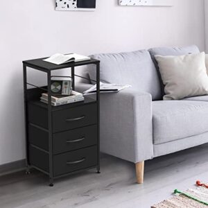 Black Nightstand with Drawer, Bedroom End Table Tall Night Stand for Living Room Side Table with 3 Fabric Drawers Modern Bedside Table with Storage Shelf for Office, Study