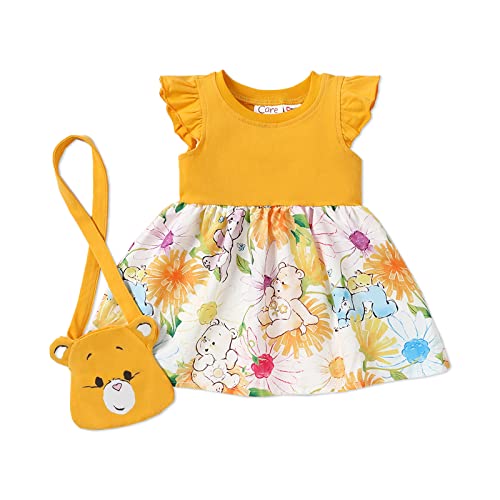 PATPAT Care Bears 2pcs Baby Girl Solid & Print Spliced Flutter-Sleeve Dress with Crossbody Bag Set Yellow 9-12 Months