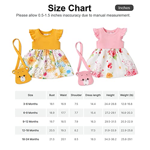 PATPAT Care Bears 2pcs Baby Girl Solid & Print Spliced Flutter-Sleeve Dress with Crossbody Bag Set Yellow 9-12 Months