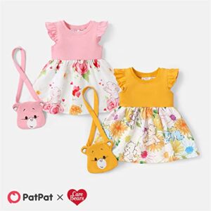 PATPAT Care Bears 2pcs Baby Girl Solid & Print Spliced Flutter-Sleeve Dress with Crossbody Bag Set Yellow 9-12 Months