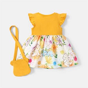 PATPAT Care Bears 2pcs Baby Girl Solid & Print Spliced Flutter-Sleeve Dress with Crossbody Bag Set Yellow 9-12 Months