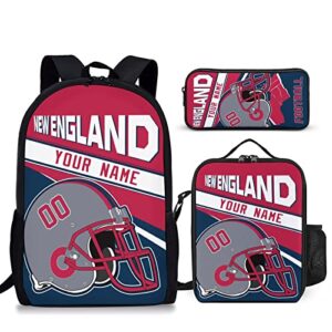 mdbozli new england custom football backpack 3 piece set add your name and nume school bag with lunch box and pen case set gift for boys girls