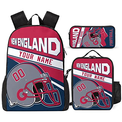 mdbozli New England Custom Football Backpack 3 Piece Set Add Your Name And Nume School Bag with Lunch Box and Pen Case Set Gift for Boys Girls