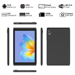 Tablet Android 12 Tablets 8 inch, WiFi 6 Tablet Computer 2GB RAM 32GB ROM, 1280x800 IPS Touch Screen, 2+8MP Dual Camera, 4300mAh Battery, Google GMS Certified Tablet PC, Black