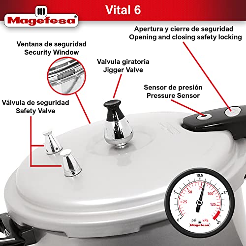 MAGEFESA ® Vital 6 Pressure Cooker, 5.3 Quart, made of very resistant aluminum, compatible with gas, electric and ceramic stove, pressure canner, canning cooker pot, stove top instant fast cooking