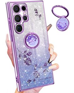 coralogo (3in1 for samsung galaxy s23 ultra case glitter sparkly women girls sparkle girly bling shiny phone cover cute flowers floral design with ring pretty purple cases for s23 ultra 2023 6.8''