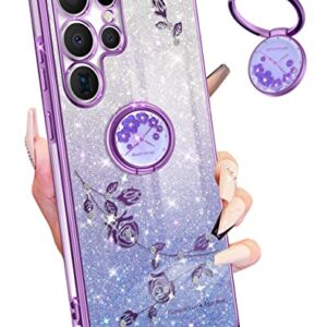 Coralogo (3in1 for Samsung Galaxy S23 Ultra Case Glitter Sparkly Women Girls Sparkle Girly Bling Shiny Phone Cover Cute Flowers Floral Design with Ring Pretty Purple Cases for S23 Ultra 2023 6.8''