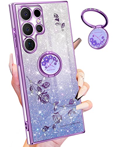 Coralogo (3in1 for Samsung Galaxy S23 Ultra Case Glitter Sparkly Women Girls Sparkle Girly Bling Shiny Phone Cover Cute Flowers Floral Design with Ring Pretty Purple Cases for S23 Ultra 2023 6.8''