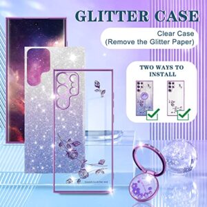 Coralogo (3in1 for Samsung Galaxy S23 Ultra Case Glitter Sparkly Women Girls Sparkle Girly Bling Shiny Phone Cover Cute Flowers Floral Design with Ring Pretty Purple Cases for S23 Ultra 2023 6.8''