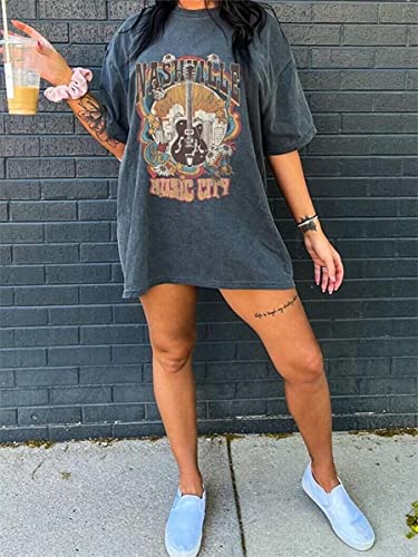 Oversized Nashville Shirts Women Country Music Concert Outfits Casual Rock Band Graphic Tee Tops Rock&Roll T Shirts(M,a-Dark Grey)