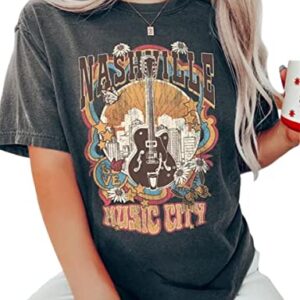 Oversized Nashville Shirts Women Country Music Concert Outfits Casual Rock Band Graphic Tee Tops Rock&Roll T Shirts(M,a-Dark Grey)