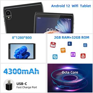 Android Tablet 8 inch, Android 12.0 Tableta 32GB Storage 512GB SD Expansion Tablets PC, Quad-core Processor 2GB RAM 1280x800 IPS HD Touchscreen Dual Camera Tablets, Support WiFi6, BT, 4300 mAh Battery