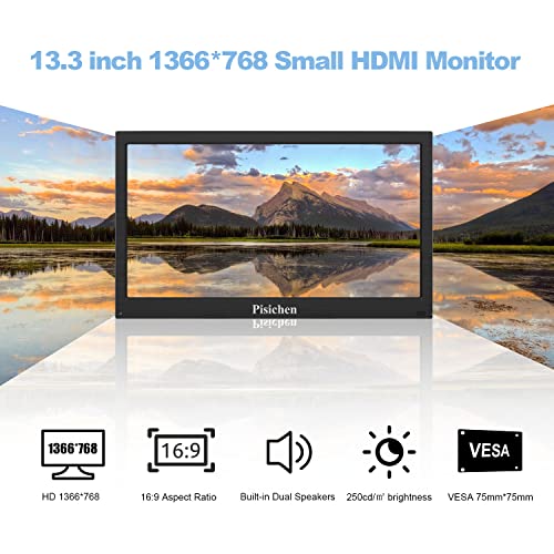 Pisichen Portable Small Monitor 13.3 inch Mini HDMI Monitor 1366x768 LED Monitor, HDMI/VGA/USB/AV/BNC Input for PC Computer Laptop PS4 Xbox Ras Pi, Wall Mountable, Built-in Speakers