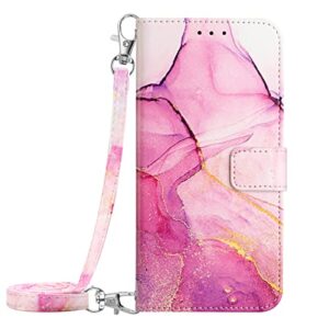 onv wallet case for samsung galaxy z fold 3 5g - long neck lanyard marble painted stand card slot leather flip case + tpu inner shell cover for samsung galaxy z fold 3 5g [marble] -pinkpink