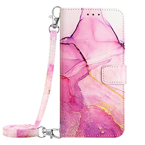 ONV Wallet Case for Samsung Galaxy Z Fold 3 5G - Long Neck Lanyard Marble Painted Stand Card Slot Leather Flip Case + TPU Inner Shell Cover for Samsung Galaxy Z Fold 3 5G [Marble] -PinkPink