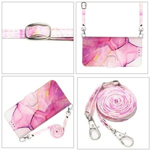 ONV Wallet Case for Samsung Galaxy Z Fold 3 5G - Long Neck Lanyard Marble Painted Stand Card Slot Leather Flip Case + TPU Inner Shell Cover for Samsung Galaxy Z Fold 3 5G [Marble] -PinkPink