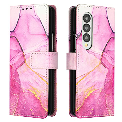 ONV Wallet Case for Samsung Galaxy Z Fold 3 5G - Long Neck Lanyard Marble Painted Stand Card Slot Leather Flip Case + TPU Inner Shell Cover for Samsung Galaxy Z Fold 3 5G [Marble] -PinkPink