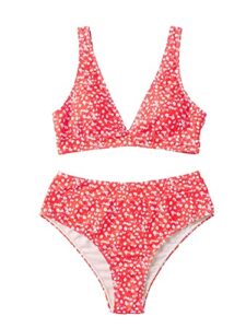 floerns women's high waist bikini swimsuit floral print v neck bathing suit watermelon pink l