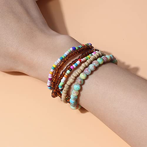 Caiyao Handmade Stackable Colorful Beads 5-6pcs Adjustable Muilty-layered Bracelets Set for Women Boho Multicolor Seed Stretch Wristbands Bohemian Summer Jewelry-2