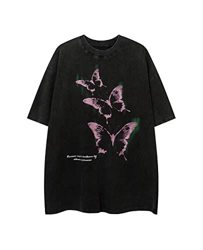 Aelfric Eden Mens Oversized Shirts Washed Butterfly Graphic Tee Casual Loose Streetwear Tops