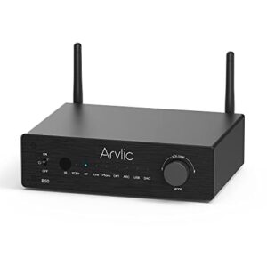 arylic b50 bluetooth aptx hd stereo amplifier with audio transmitter, 2 channel 50w*2 amplifier with hdmi arc, phono in and free go control app.support 192khz/24bits hd music transmission & reception.
