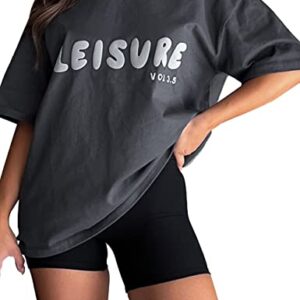 Meladyan Women Leisure Letter Graphic Print Half Sleeve Oversized Tee Shirt Top Crewneck Summer Loose Casual Tshirt Tops Grey