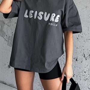 Meladyan Women Leisure Letter Graphic Print Half Sleeve Oversized Tee Shirt Top Crewneck Summer Loose Casual Tshirt Tops Grey