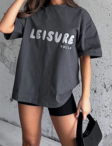 Meladyan Women Leisure Letter Graphic Print Half Sleeve Oversized Tee Shirt Top Crewneck Summer Loose Casual Tshirt Tops Grey