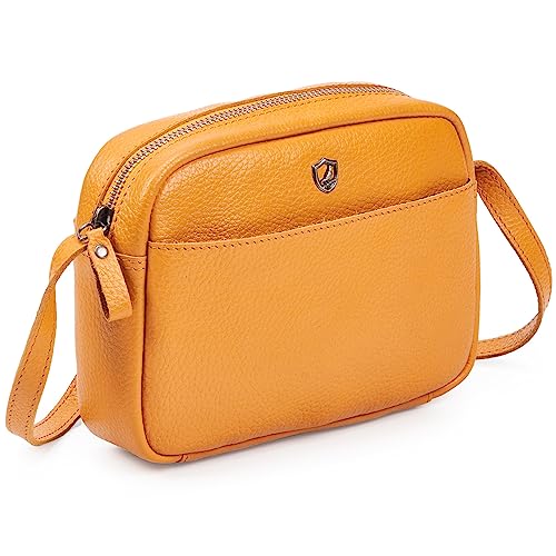 Cochoa Small Crossbody Bag for Women Pebbled Soft Real Leather Disco Sling Purse Premium Crossover Handbag with Card Case (Mustard Nappa)