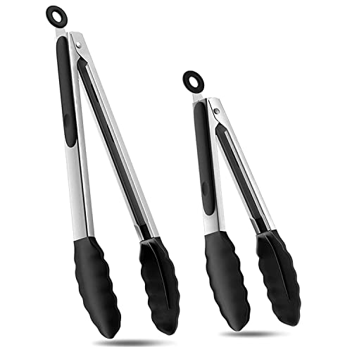 2-Pack of 9" (Small) & 12" (Large) Kitchen Tongs Set: Non-Stick Silicone-Stainless Steel Cooking Tongs, BPA Free, Heat Resistant (480°F) - Non-Slip Grip & Locking Metal Food Tongs (Black)