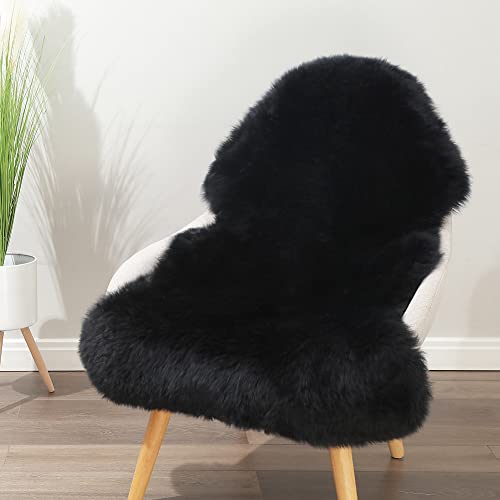 LLB Genuine Sheepskin Area Rug Wool Rug Fur Carpet Fluffy Shaggy Fur Rug for Living Room Kids Bedroom Real Sheepskin Throw Lambskin Rugs Sofa Mat Chair Seat Covers (Black, 2 x 3 ft Sheepskin)