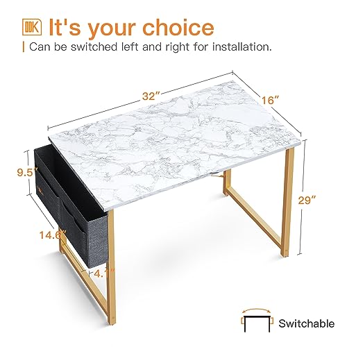 ODK 32 inch Small Computer Desk Study Table for Small Spaces Home Office Student Laptop PC Writing Desks with Storage Bag Headphone Hook, White Marble + Gold Leg