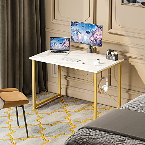 ODK 32 inch Small Computer Desk Study Table for Small Spaces Home Office Student Laptop PC Writing Desks with Storage Bag Headphone Hook, White Marble + Gold Leg