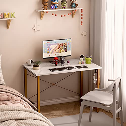 ODK 32 inch Small Computer Desk Study Table for Small Spaces Home Office Student Laptop PC Writing Desks with Storage Bag Headphone Hook, White Marble + Gold Leg