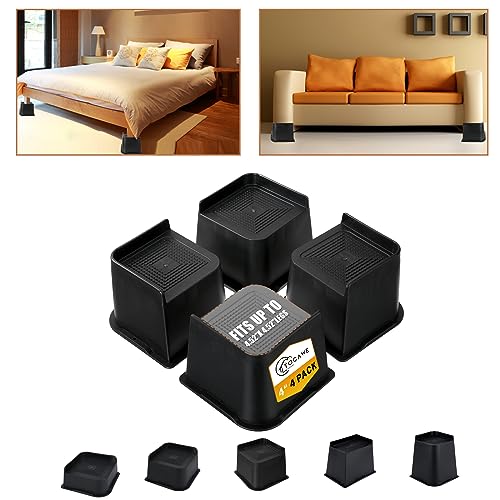 Tocawe Bed Risers 4 Inch Heavy Duty, Furniture Risers with Durable Plastic, Oversized Bed Lifts Risers Support up to 5,500 LBS for Sofa, Bed Frame, Tables, Couches, 4 Pack, Black