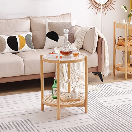 Tiita Rattan Coffee Table, Round End Table, 2-Tier Morden Side Table, Small Living Room Side Table, Glass Sofa End Table for Balcony and Office Outdoor/Indoor (Horizontal Stripe)