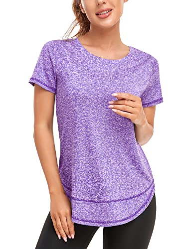 Abrooical Womens Athletic Tops Short Sleeve Sport Shirts Oversized Workout Tshirts Training Tee Purple XXX-Large