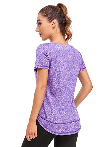 Abrooical Womens Athletic Tops Short Sleeve Sport Shirts Oversized Workout Tshirts Training Tee Purple XXX-Large