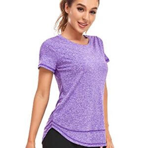 Abrooical Womens Athletic Tops Short Sleeve Sport Shirts Oversized Workout Tshirts Training Tee Purple XXX-Large