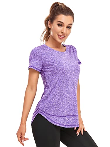 Abrooical Womens Athletic Tops Short Sleeve Sport Shirts Oversized Workout Tshirts Training Tee Purple XXX-Large