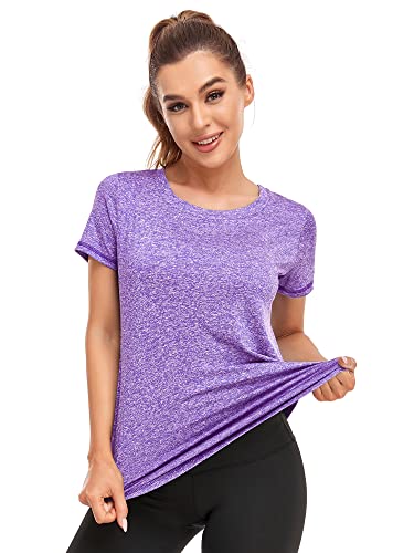 Abrooical Womens Athletic Tops Short Sleeve Sport Shirts Oversized Workout Tshirts Training Tee Purple XXX-Large