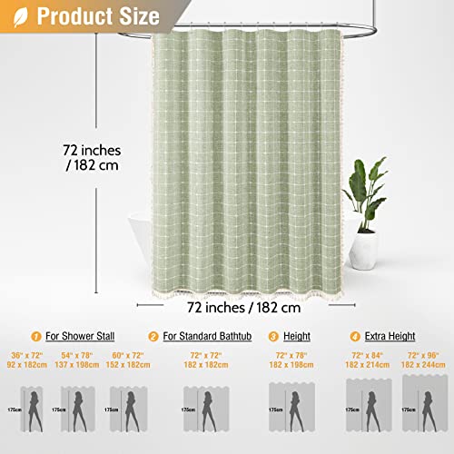 BTTN Boho Farmhouse Shower Curtain, Linen Rustic Heavy Duty Fabric Shower Curtain Set with Tassel, Water Repellent, Bohemian Vintage Country Thick Cloth Shower Curtains for Bathroom, Sage Green, 72x72