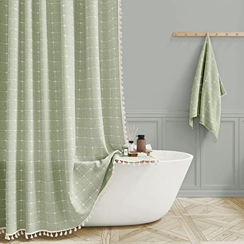 BTTN Boho Farmhouse Shower Curtain, Linen Rustic Heavy Duty Fabric Shower Curtain Set with Tassel, Water Repellent, Bohemian Vintage Country Thick Cloth Shower Curtains for Bathroom, Sage Green, 72x72